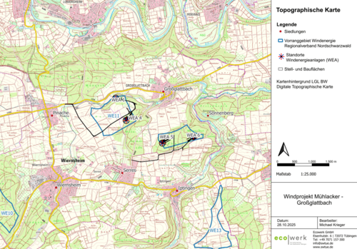 Topografische Karte des Windparks Mühlacker-Großglattbach, Datum der Erstellung der Karte ist der 28. Oktober 2025.