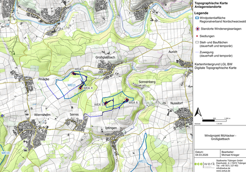 Topografische Karte des Windparks Mühlacker-Großglattbach, Datum der Erstellung der Karte ist der 28. Oktober 2025.